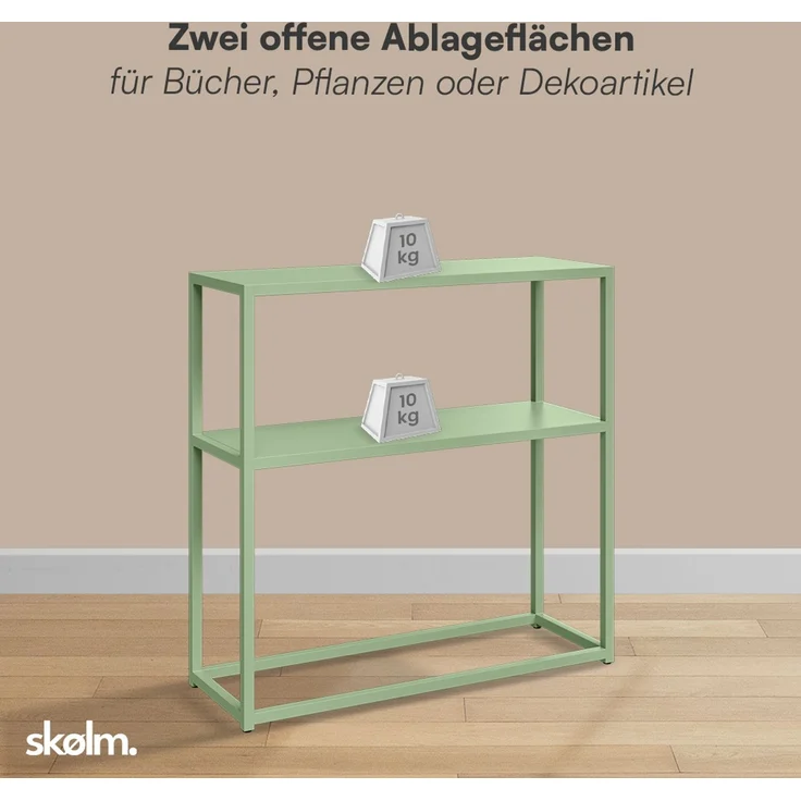skølm 'Skadi' Konsolentisch mit zwei Ablagen, Metall, grün, 80x28x80 cm, Metallregal mit Stauraum – Bild 5