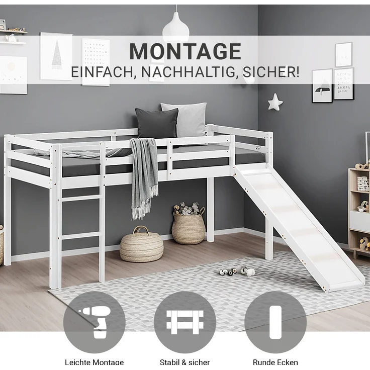 Halbhochbett Spielbett Kinderbett Leiter Rutsche Kiefer 90x200 cm massiv Jugendbett – Bild 5