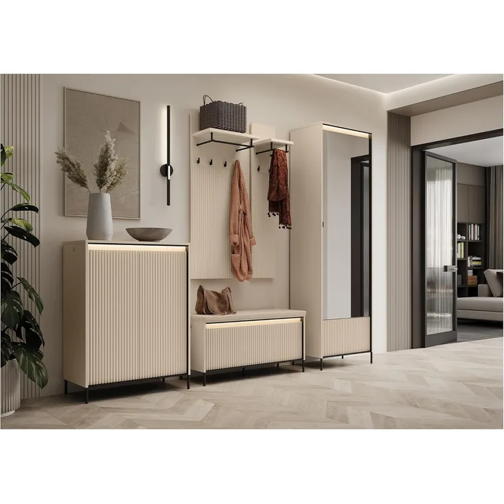MEBLINI Garderobe Flur Möbel Set mit LED – TREND – Beige/Schwarz – Garderobenschrank Flur mit Spiegel - Garderobe Schrank - Flurgarderobe - Flurschrank hoch
