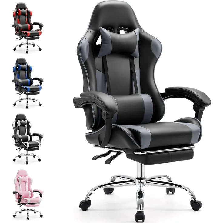 DUMOS Ergonomischer Gaming Stuhl mit Fußstütze Atmungsaktiver PC mit verstellbare Lendenkissen Kopfkissen und Armlehnen 150 kg Belastbarkeit Drehsessel