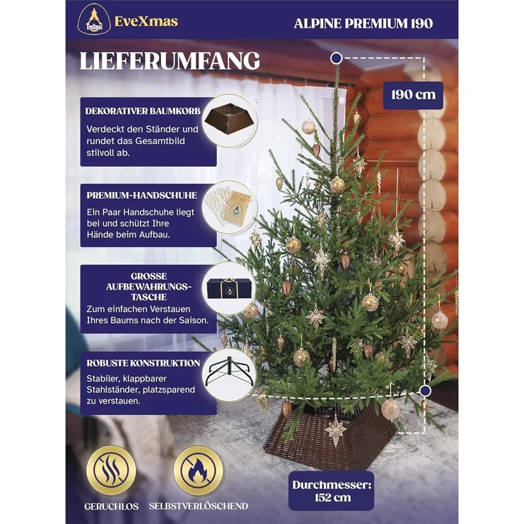 EveXmas Alpine Künstlicher Weihnachtsbaum Grün 190 cm – 599 Astspitzen, inkl. klappbarem Metallständer – Bild 2