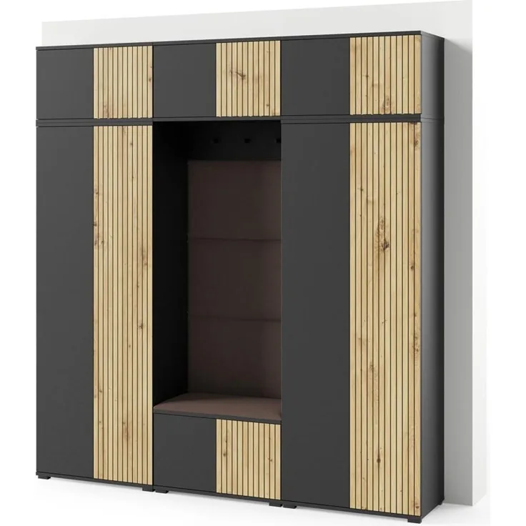 Garderoben-Set Rosario Version 4 mit Lamellen, Kleiderschrank mit Polsterplatten und Schuhschrank (Schwarz / Eiche Artisan, Trinity 08), 225 x 40 x 210 cm