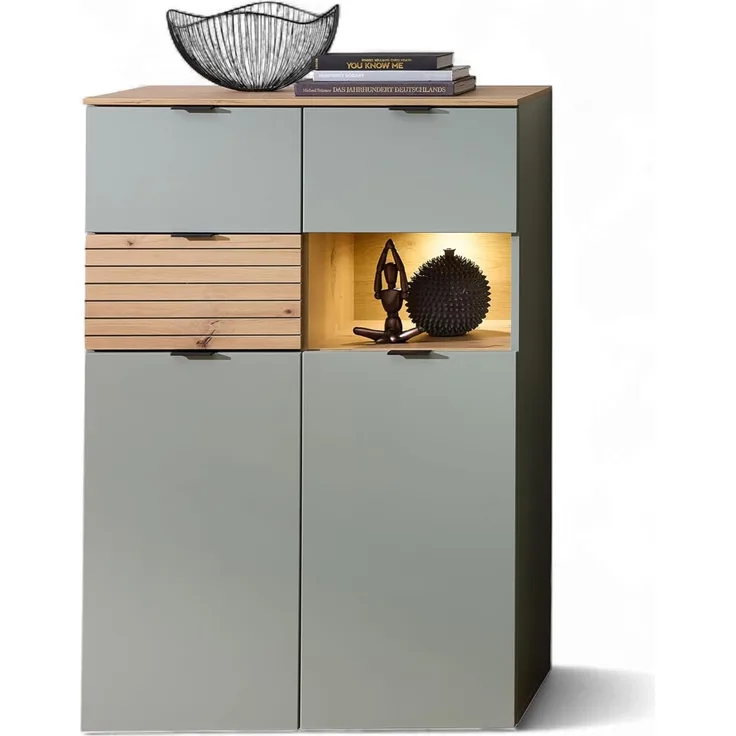 Stella Trading INA Highboard in Schilfgrün, Artisan Eiche Optik FSC-Zertifiziert - Moderner Wohnzimmerschrank mit Schubladen und LED-Beleuchtung - 84 x 125 x 45 cm (B/H/T)