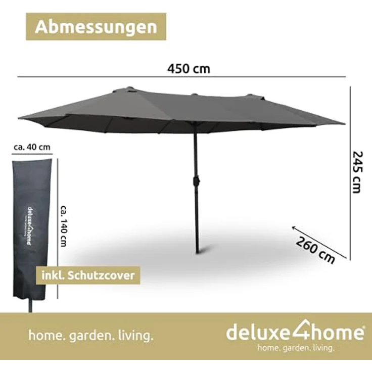 deluxe4home XXL Doppelsonnenschirm 450cm x 260cm, handkurbelbetrieb, anthrazit, doppelseitig faltbar, 180 g/m² Polyester – Bild 7