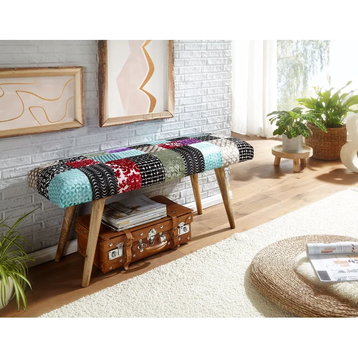 Sitzbank Patchwork Samt Massivholz 117x51x38cm Polsterbank Modern Flur Esszimmer – Bild 5