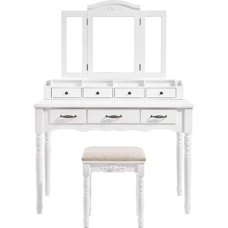 Vasagle Schminktisch mit 7 Schubladen, Frisiertisch mit gepolstertem Hocker, 3-teiliger Klappspiegel mit Haken für Ketten, 4 offene Fächer, 2 schmale Fächer für Pinsel, Massivholzbeine, weiß von Songmics RDT60WT