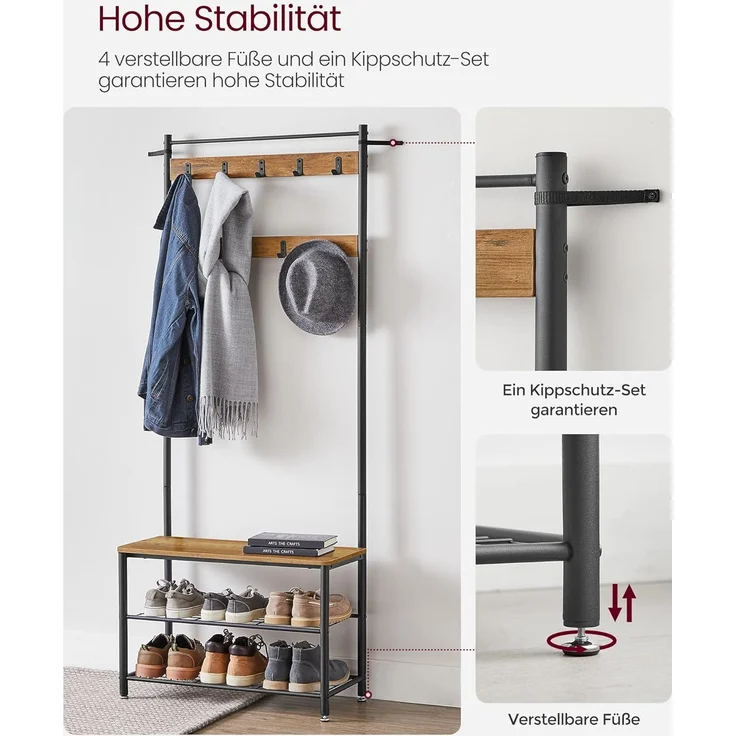 Vasagle Garderobenständer, Kleiderständer mit Schuhablagen, Schuhregal mit Sitzfläche, für Flur, mit Haken, 3 Ablagen, aus Metall, Höhe 175 cm, Industrie-Design, walnussbraun-schwarz HSR041B41 – Bild 4