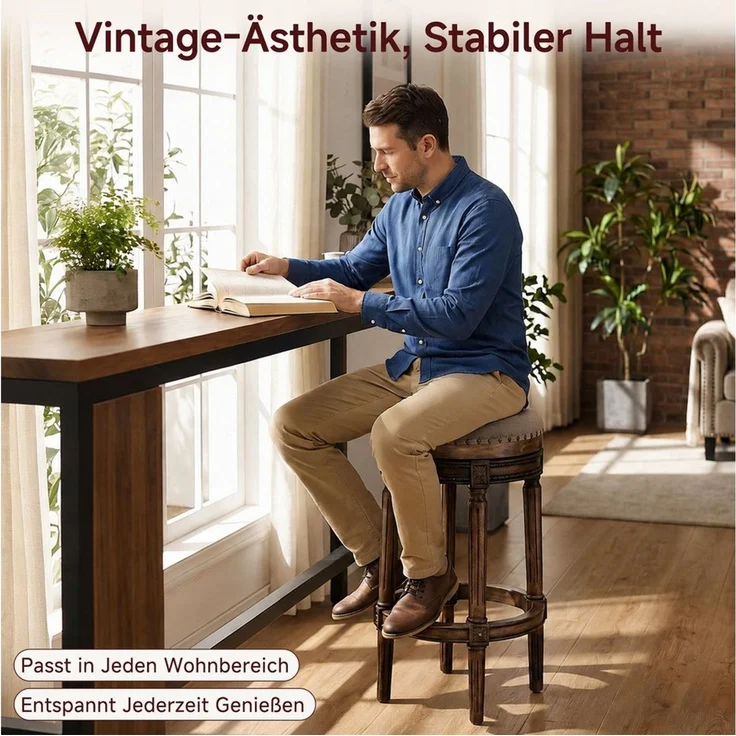 HomeMiYN Barhocker L38 CM Rund Schaumstoff-Sitz Retro Holz Barstühle/Sitzhocker (1 St), Barhocker Holz im Vintage Design, gepolsterter Sitz, für Küche & Bar – Bild 2