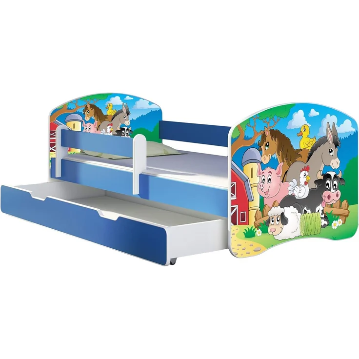 ACMA Kinderbett Jugendbett mit Einer Schublade und Matratze Blau mit Rausfallschutz Lattenrost II 140x70 160x80 180x80 (34 Farm, 160x80 + Bettkasten) – Bild 1