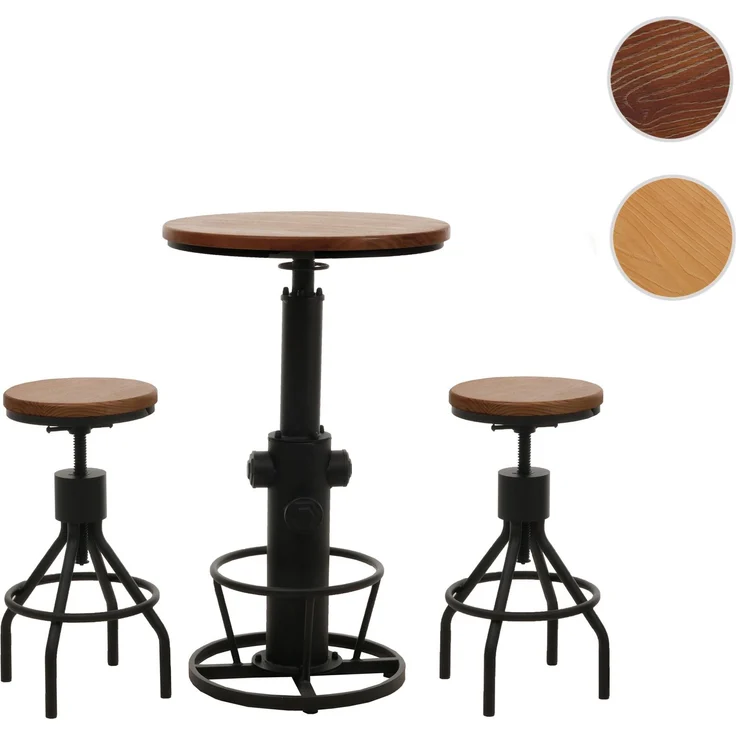 Set Bartisch + 2x Barhocker HWC-N17, Barstuhl Stehtisch höhenverstellbar drehbar Fußablage Industrial Holz ~ braun – Bild 10