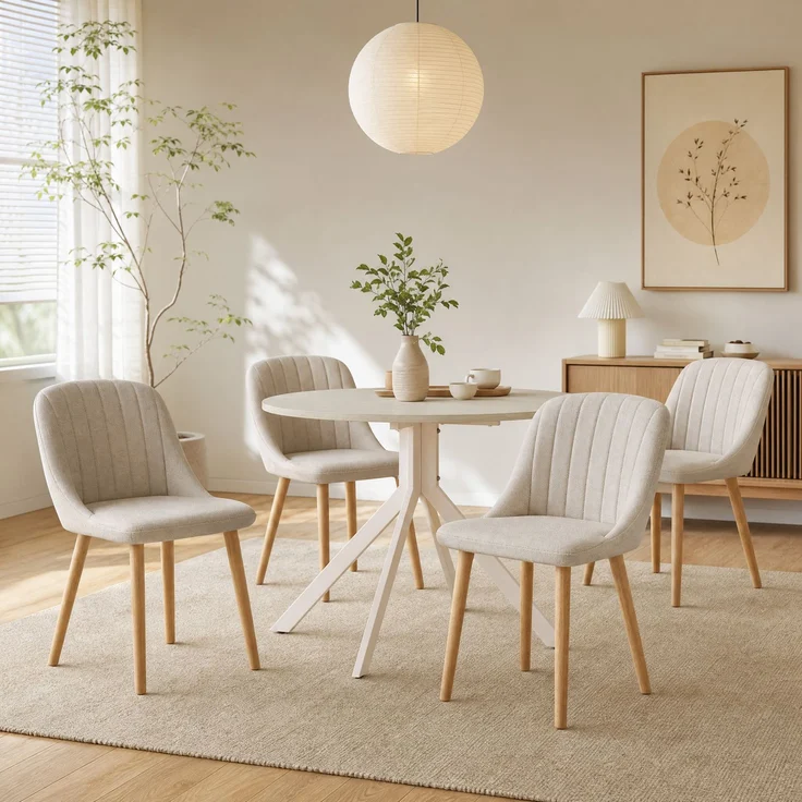 GOEURVANT 1001 Esstisch Set rund Ø 100 cm in Travertin-Optik weiß, Küchentisch mit 2 eleganten Stühlen in Beige – Bild 2
