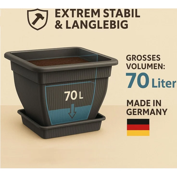 XXL Pflanzkübel Blumentopf 60x60 mit Wasserspeicher und Untersetzer - 70 Liter Pflanztopf gegen Staunässe anthrazit UV-stabil, frostsicher, robust – Bild 4