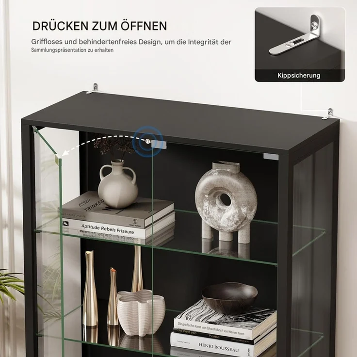 Glasvitrine 75x35x162.5 cm, 5-stöckige Vitrine mit LED-Beleuchtung, verstellbaren Glasböden und Sensor, Schwarz – Bild 7