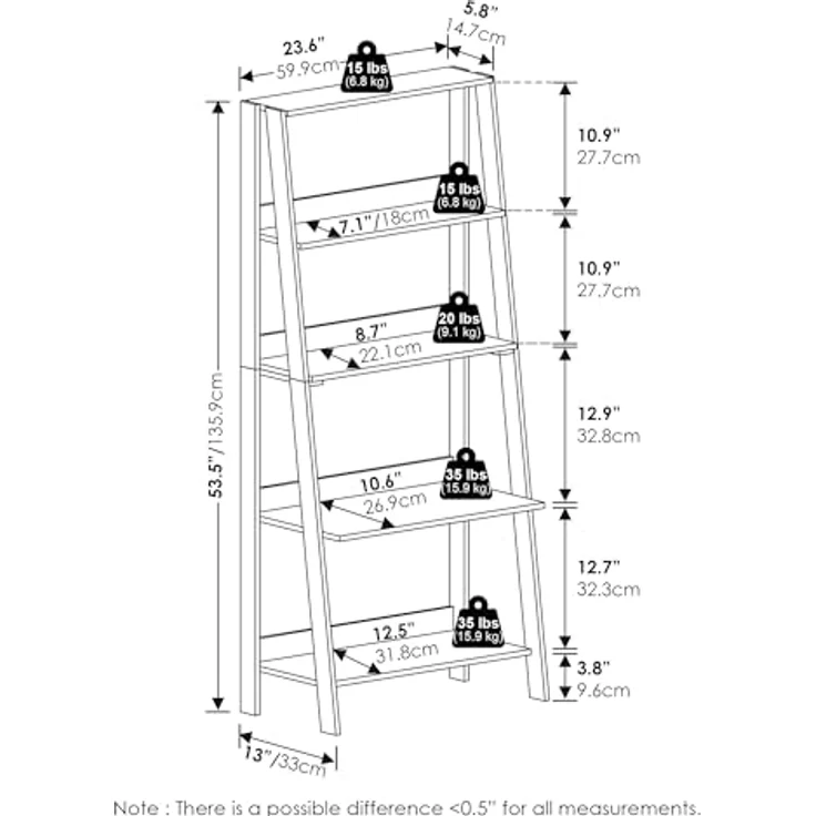 Furinno Ladder Bücherregal, 5-stufiges Leiterregal, Bücherregal, Ausstellungs-Aufbewahrungsregale, 13 x 23.6 x 53.5, für Wohnzimmer, Homeoffice, Reinweiß – Bild 3