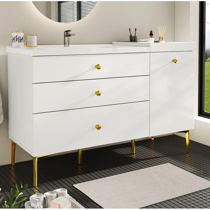 Waschtischunterschrank 120 x 47,5 x 80 cm mit Keramikwaschbecken – Badezimmerschrank in Weiß mit goldfarbenen Griffen – Bild 7
