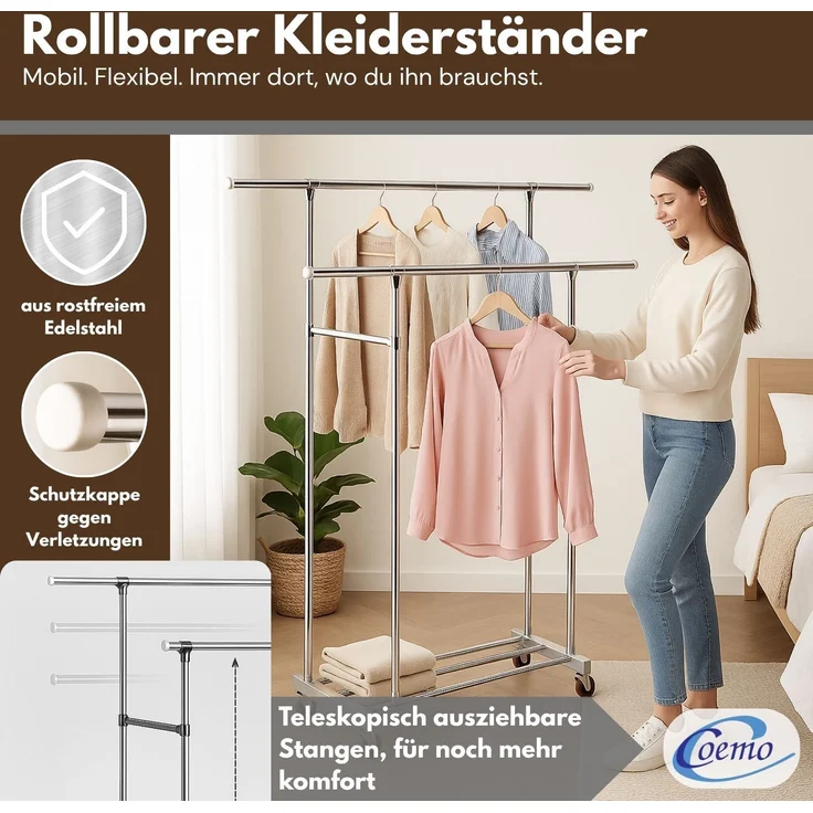 Coemo Kleiderständer mit Rollen fahrbarer Garderobenständer Größe L – Bild 2