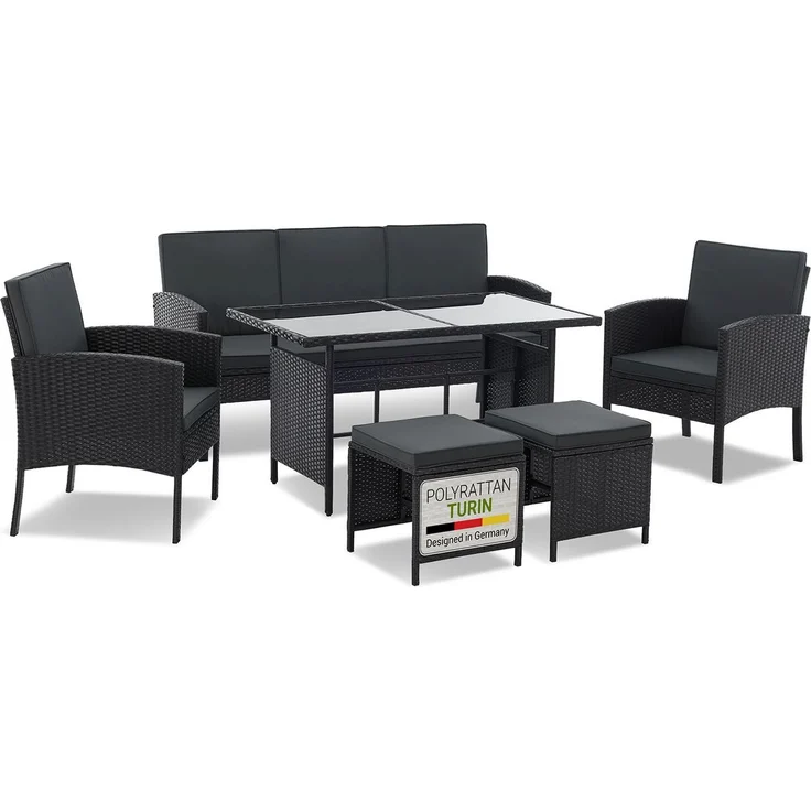 Juskys 'Turin' Outdoor Sitzgruppe für 7 Personen, Polyrattan, 120 x 70 cm, Schwarz – Bild 1