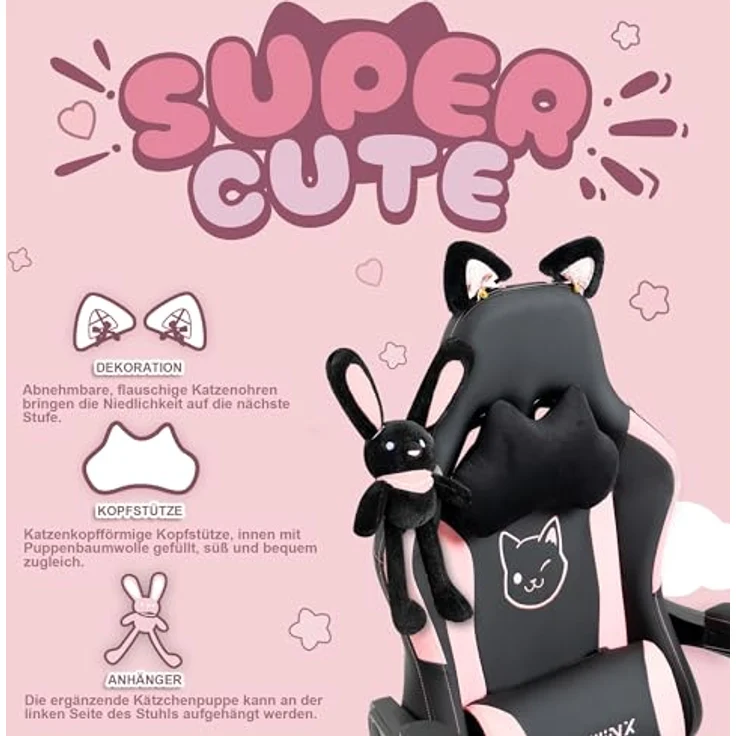 Dowinx Gaming Stuhl - Süße Katze Edition - Ergonomischer Computerstuhl mit Hoher Rückenlehne und Lendenwirbelstütze, PU-Leder, Fußstütze, Schwarz – Bild 5
