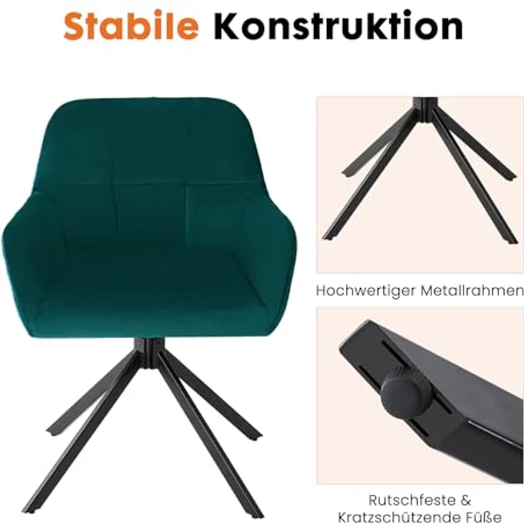 Sweetcrispy Esszimmerstuhl, 360° Drehstuhl Esszimmer, Küchenstuhl, Samt Schminktisch Stuhl, bis 120 kg belastbar, Sessel mit Armlehnen Stahlbeine, Schreibtischstuhl für Arbeitszimmer, Dunkelgrün – Bild 6