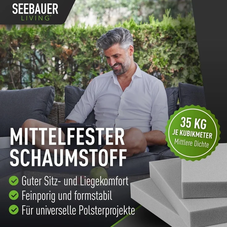 SEEBAUER Living Schaumstoff MEDIUM RG 35/40 (Mittelfest) 50 x 50 x 12 cm Schaumstoffplatte für Polster und Sitzkissen, Polsterschaumstoff als Zuschnitt für Sitzpolster – Bild 2