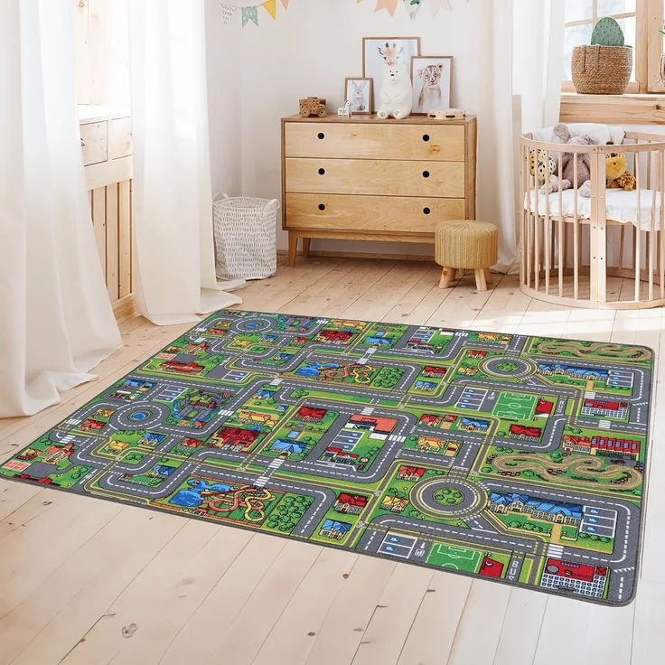 Primaflor-Ideen in Textil Kinderteppich STREETS, rechteckig, Höhe: 5 mm, Straßen-Spiel-Teppich, Straßenbreite ca. 9 cm, Kinderzimmer