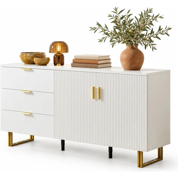 DESVIAE Sideboard mit 3 Schubladen und 2 Türen 160x81,5x40 cm MDF Weiß – Bild 7