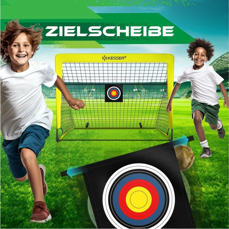 KESSER Pop-Up Fußballtor, 2er Set, mit Transporttasche, 6x Hütchen, Ballpumpe & Zielscheibe, Glasfaserstangen, 120x90 cm, Gelb / Schwarz – Bild 4