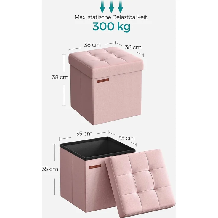 Songmics 38 cm Sitzbank mit Stauraum, klappbare Sitztruhe, Aufbewahrungsbox, Fußbank, pastellrosa LSF027R01 – Bild 2