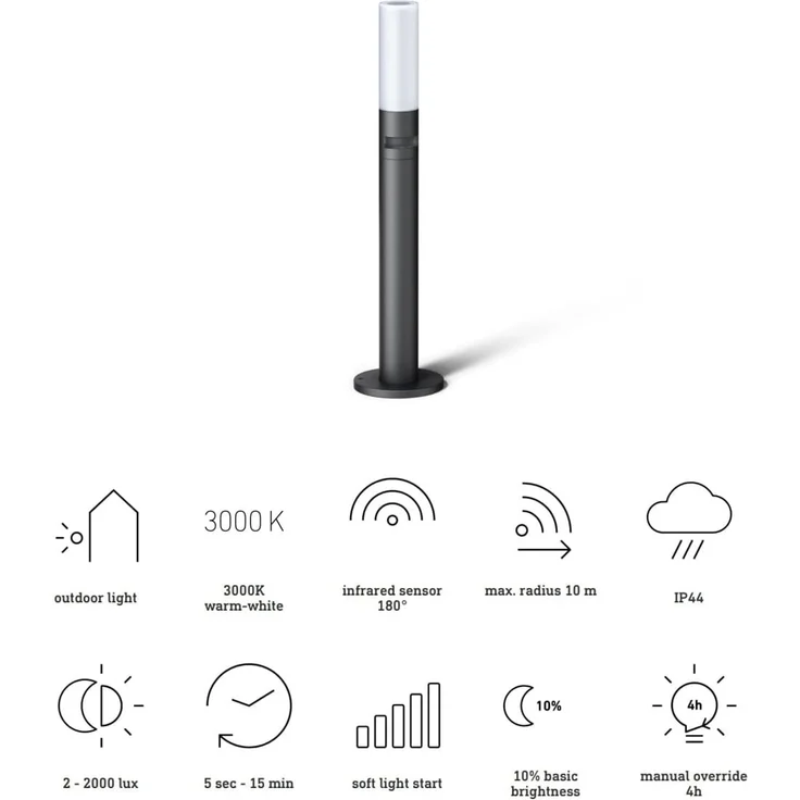 LED-Wegeleuchte GL 65 S, Gartenleuchte mit 180° Bewegungsmelder, Aluminium, Opalglas, 8,7 W, Softlichtstart, Nachtlicht – Bild 8