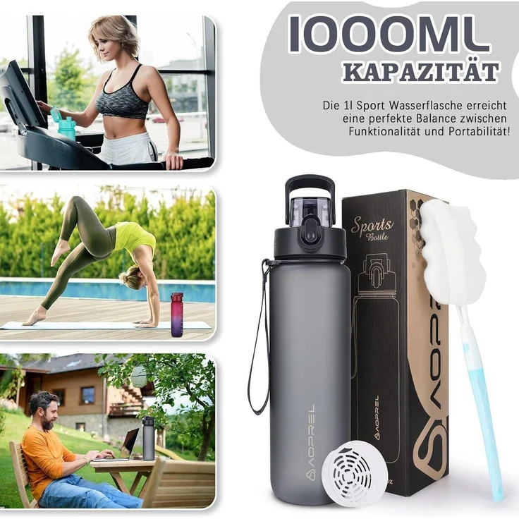 AOPREL Trinkflasche 1l BPA-Frei Tritan Sport Kohlensäure geeignet Grau – Bild 7