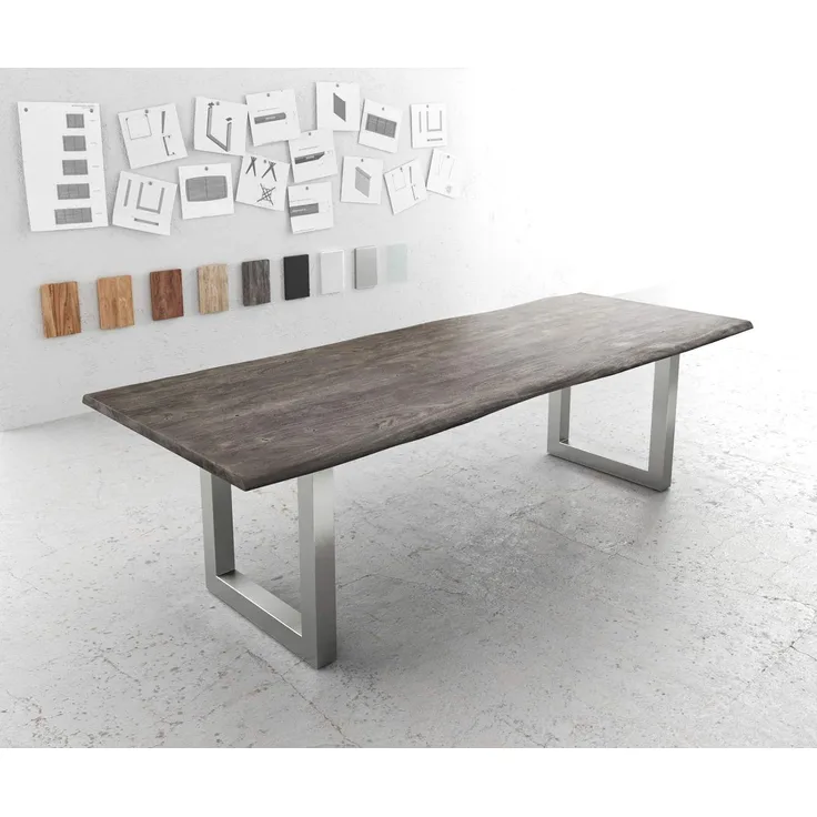Esszimmertisch Edge Akazie Platin 260x100 Edelstahl Breit Live-Edge Gestell: Edelstahl Breit
