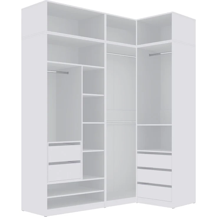 Marmex Möbel Tres Set-D/N (B) Eckeinbauschrank mit Regalen, Schubladen und Kleiderstangen, offener Kleiderschrank system mit Aufsatz, laminierte Spanplatte, weiß 111/190x246x51 cm – Bild 1