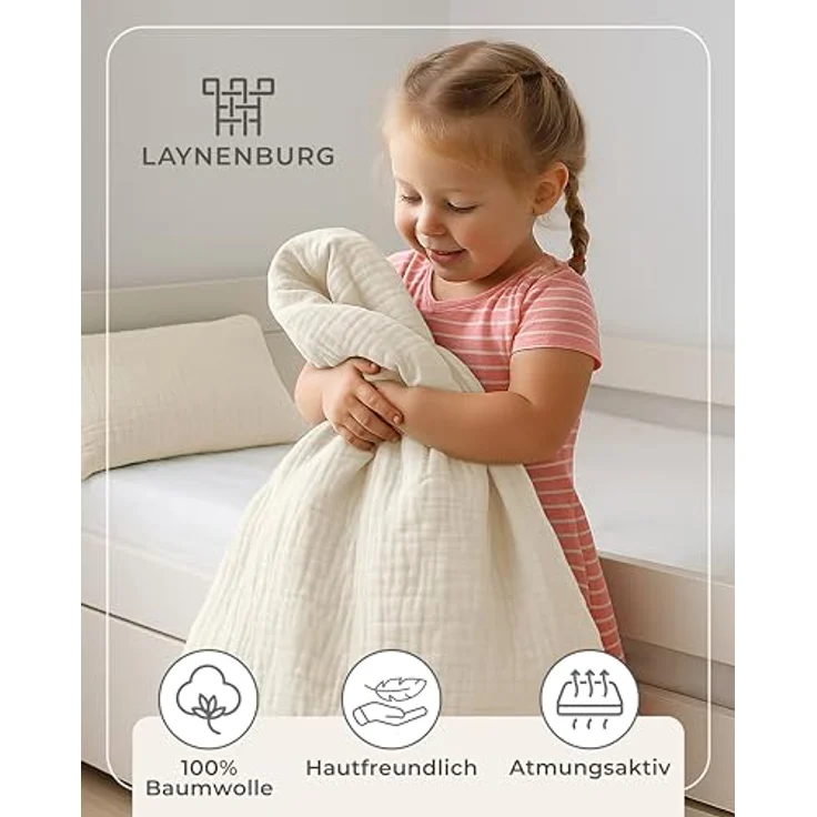 Laynenburg Kinderbettwäsche Musselin 2 teilig aus 100% Baumwolle in 100x135 cm + 40x60 cm, atmungsaktiv & bügelfrei – 3 lagig mit Reißverschluss & Haltebändern – Bild 5