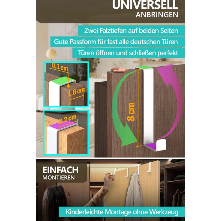 Aurelia Home Türhaken zum Einhängen, 6er-Set, Weiß – für Türen und Schranktüren, bis 8 kg – Bild 4