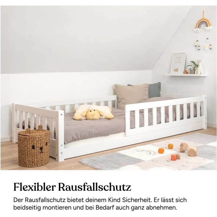 Ehrenkind Kinderbett Bodenbett aus aus massivem Kiefernholz mit Rausfallschutz (Hochwertiges Kinderbett aus FSC® zertifziertem Holz / Bodenbett in 90x200, Montessori Kinderbett 90x200cm), Bodenbett 90x200 cm, aus FSC zertifiziertem Holz – Bild 2