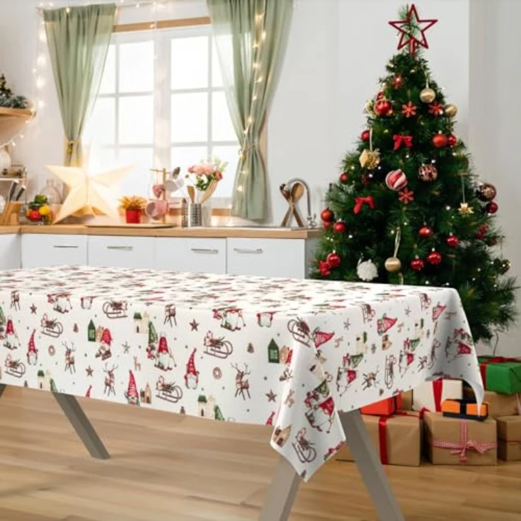ANRO Tischdecke Weihnachten abwaschbare Weihnachtstischdecke (Einzelstück 1-tlg), Schmutzabweisend Weihnachten Rot-Grün 100x140cm – Bild 7