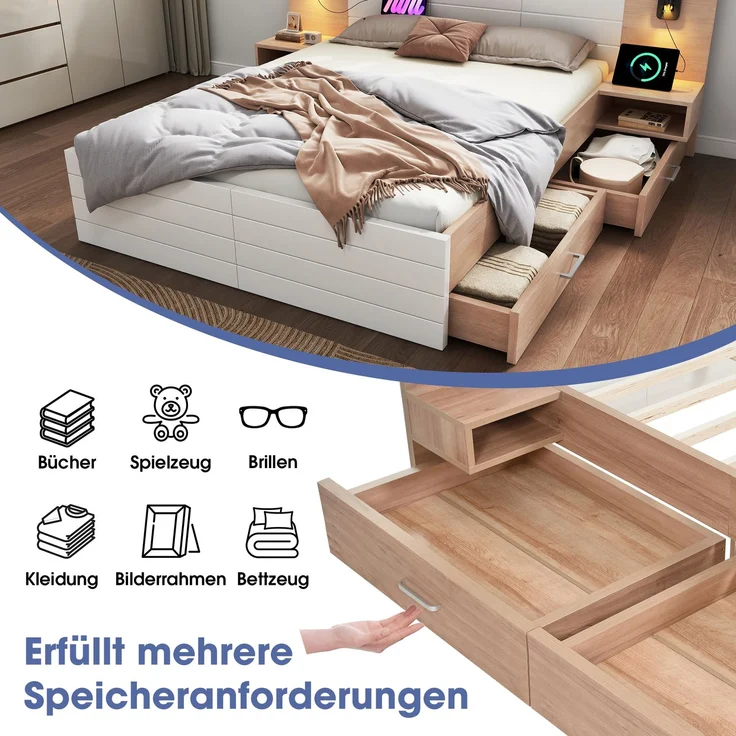 Doppelbett Holzbett Bettanlage mit 2 Schubladen, Kopfteil Leselicht mit USB Ladefunktion, Modernes Bett inkl. 2 Nachtkommode, Bettgestell & Lattenrost, Set in Eiche/Weiß, Ohne Matratze, 180×200 cm – Bild 3