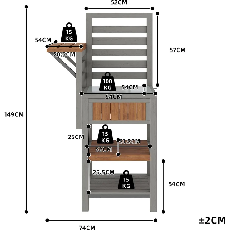 Merax Gartenschrank Holz Outdoor wetterfest – Geräteschrank mit großer Edelstahl-Arbeitsfläche & doppeltem Ablageboden, Grillstation mit zusätzlichem Stauraum, wetterbeständiger Küchenschrank – Bild 4