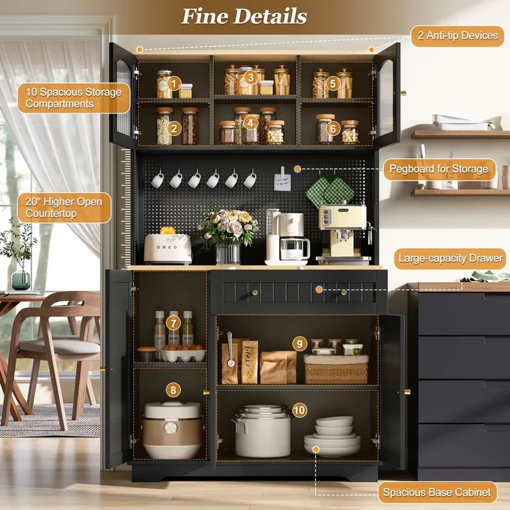 ZUBALIYA Vitrinenschrank mit Tür / Küchenschrank, mit verstellbaren Einlegeböden und lochblech, Schwarz, 103.5 x 40 x 180 cm, fürs Kinderzimmer, mit Schubladen, mit Stauraum – Bild 11
