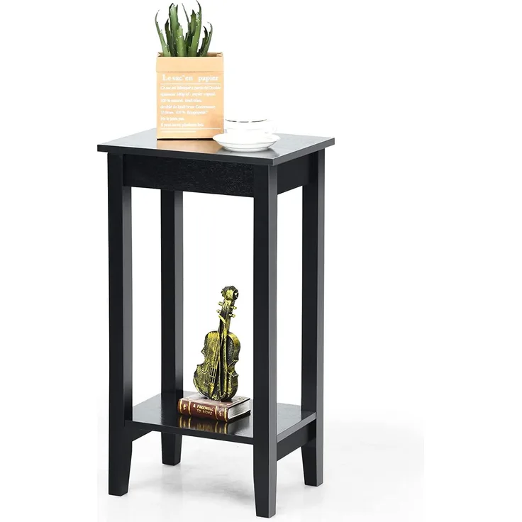 COSTWAY Beistelltisch mit Regal, 2-stöckiger hoher Sofatisch mit 4 Massivholzbeinen, Rechteckiger Ablagetisch Flurtisch Holz, Pflanzentisch Holztisch für Wohnzimmer Schlafzimmer (Schwarz)