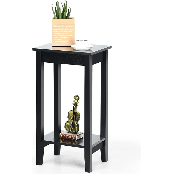 COSTWAY Beistelltisch mit Regal, 2-stöckiger hoher Sofatisch mit 4 Massivholzbeinen, Rechteckiger Ablagetisch Flurtisch Holz, Pflanzentisch Holztisch für Wohnzimmer Schlafzimmer (Schwarz) – Bild 1