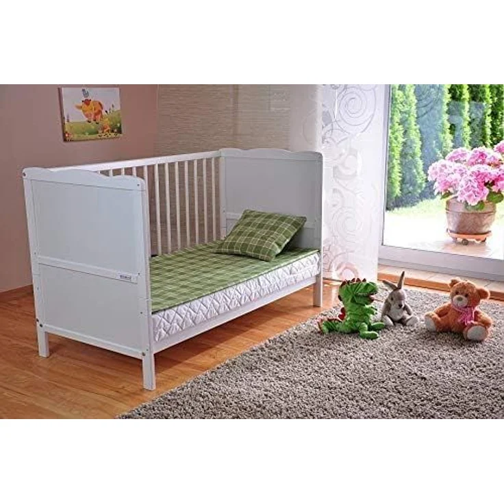 BABY Gitterbett Babybett Kinderbett mit Aloe Vera Schaumstoffmatratze Zahnschienen höhenverstellbar Weiß umbaubar zum Juniorbett – Bild 4