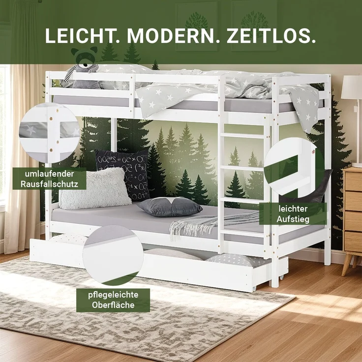 Homestyle4u Etagenbett mit Bettkasten, Kiefernholz weiß, 90x200 cm – Bild 8