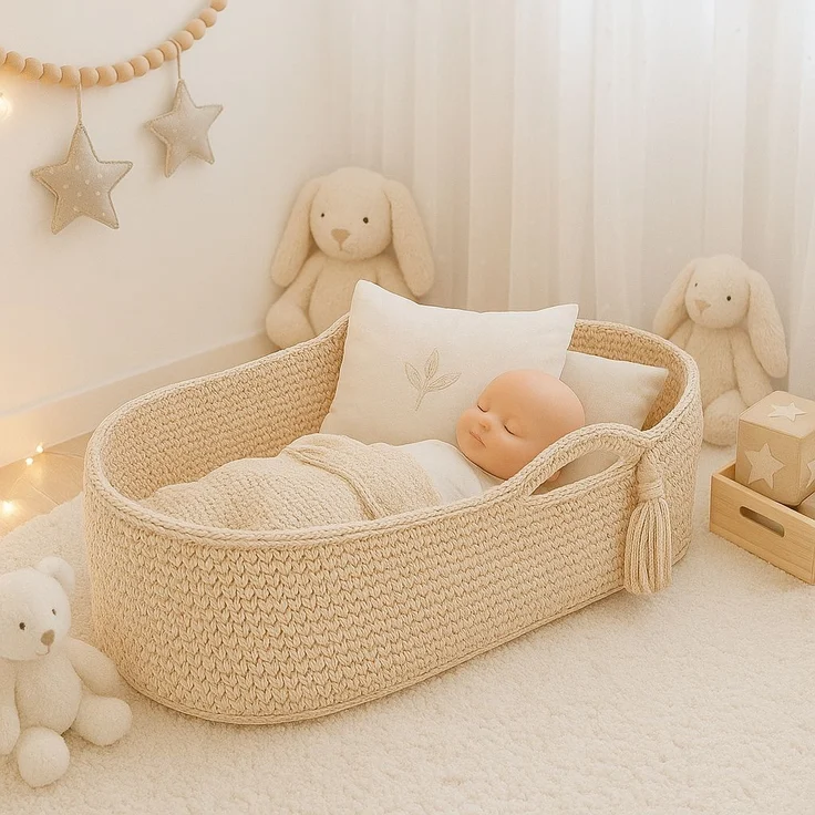 Handgehäkelter Moseskorb mit Matratze für Neugeborene – Beige – Bild 2