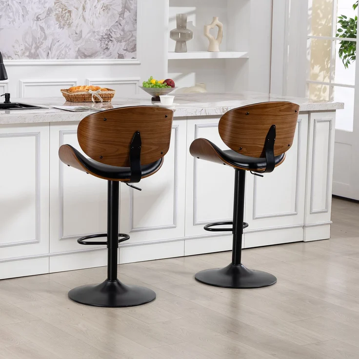 LVHOM Barhocker 2er Set, Höhenverstellbarer Barstuhl mit Bugholz-Rückenlehne und Fußstütze, drehbare Küchenhocker, gepolsterter Tresenhocker aus PU-Leder, Schwarz – Bild 8