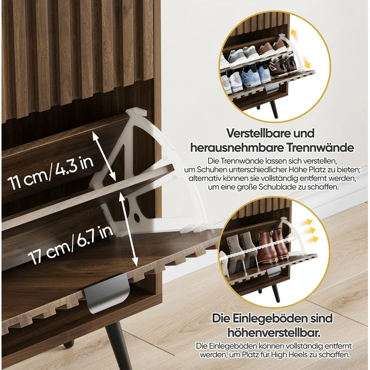 DESVIAE Garderobenschrank Schuhschrank Walnuss aus MDF/Spanplatte – 54x91x14,5 cm – 2 Klappfächer – Bild 5