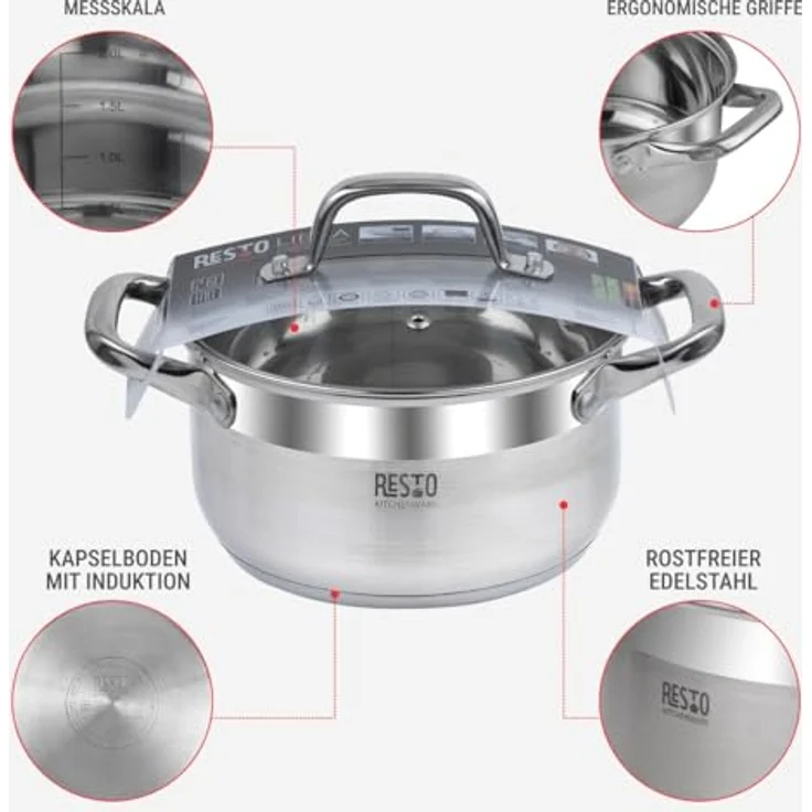 RESTO Kitchenware Kochtopf Libra, Topf energiesparend und spülmaschinenfest, Edelstahl 18/10 (2-tlg), mit hitzebeständigem Glasdeckel und Griffen – Bild 5
