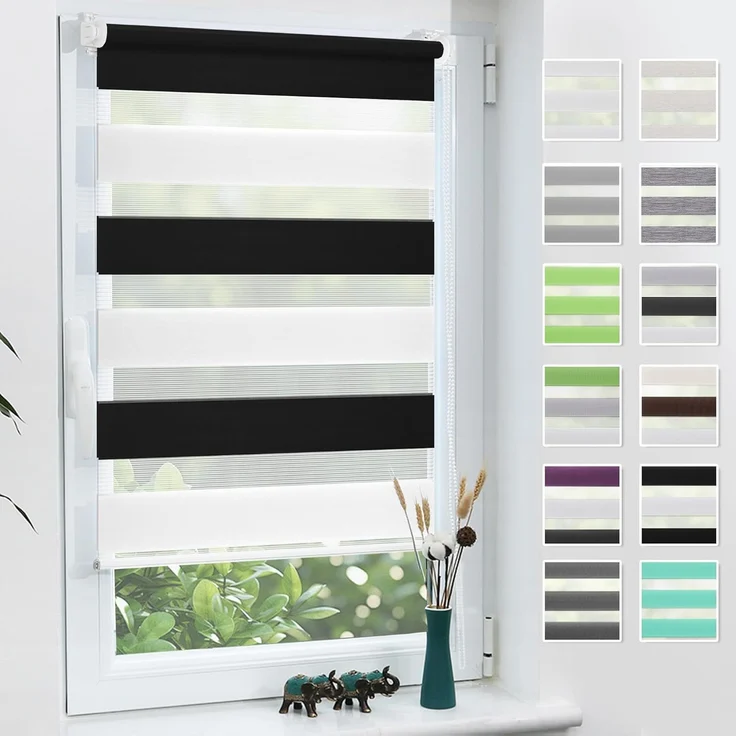 Grandekor Doppelrollo Klemmfix ohne Bohren Schwarz-Weiß 90x150 cm(Stoffbreite 86cm) Fenster Rollos für innen Klemmrollos Duo Rollos für Fenster ohne Bohren mit Bohren Privatschutz Zebrarollo – Bild 1