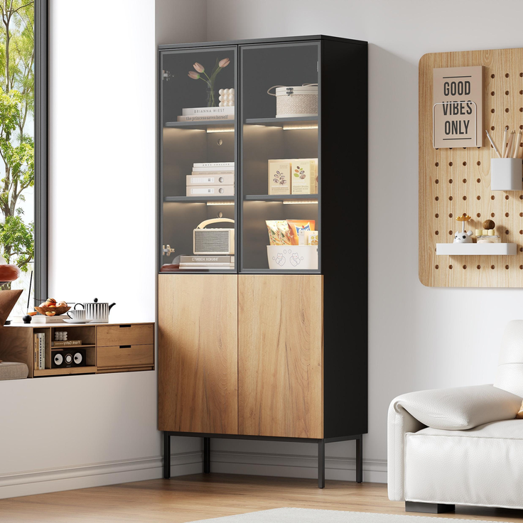 Vitrine mit Glastüren, 180 cm hoher Schrank mit LED-Leuchten, Bücherregal, 5-stöckige Glasvitrine für Sammlerstücke, Bücherregal, Büro, Schwarz/Eiche--Schwarz, Eiche--74x31x180cm--YOUDENOVA – Bild 2