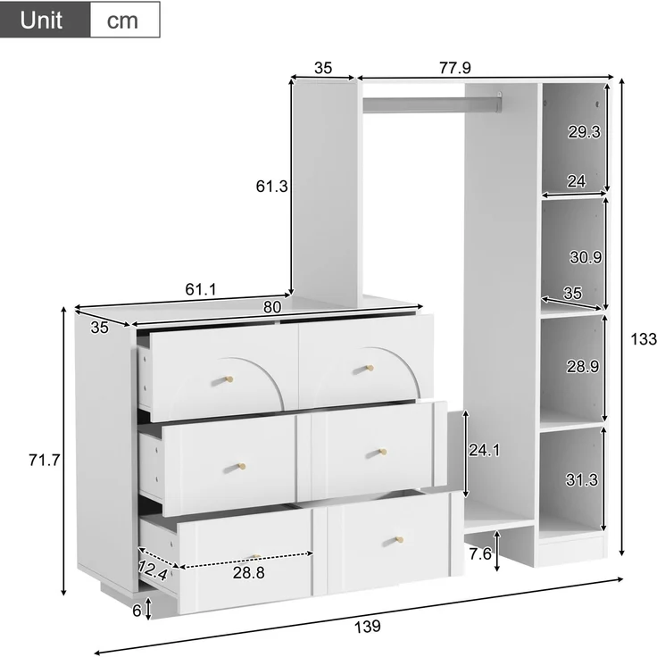 Moderner Mehrzweck-Kleiderschrank, offene Garderobe mit Kleiderstange, 6 Schubladen und Seitenregalen, Schlafzimmer-Aufbewahrungsschrank, Weiß, 139 × 35 × 133 cm--Weiß--139x35x133cm--YOUDENOVA – Bild 2